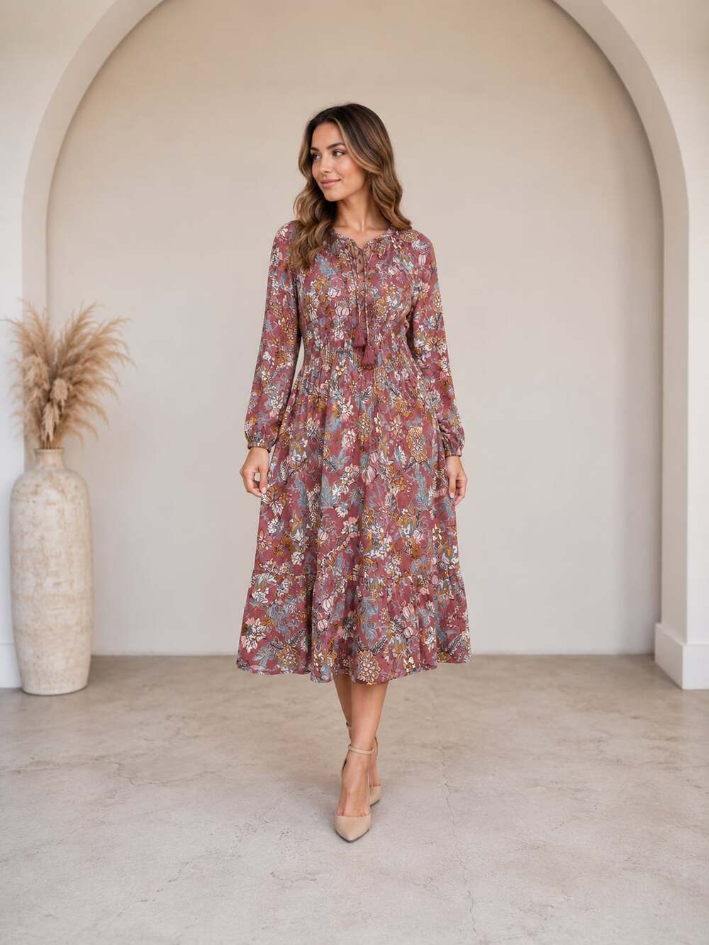 Knox Rose Pink Floral Boho Midi Dress Tassel Tie Long Sleeve Size S